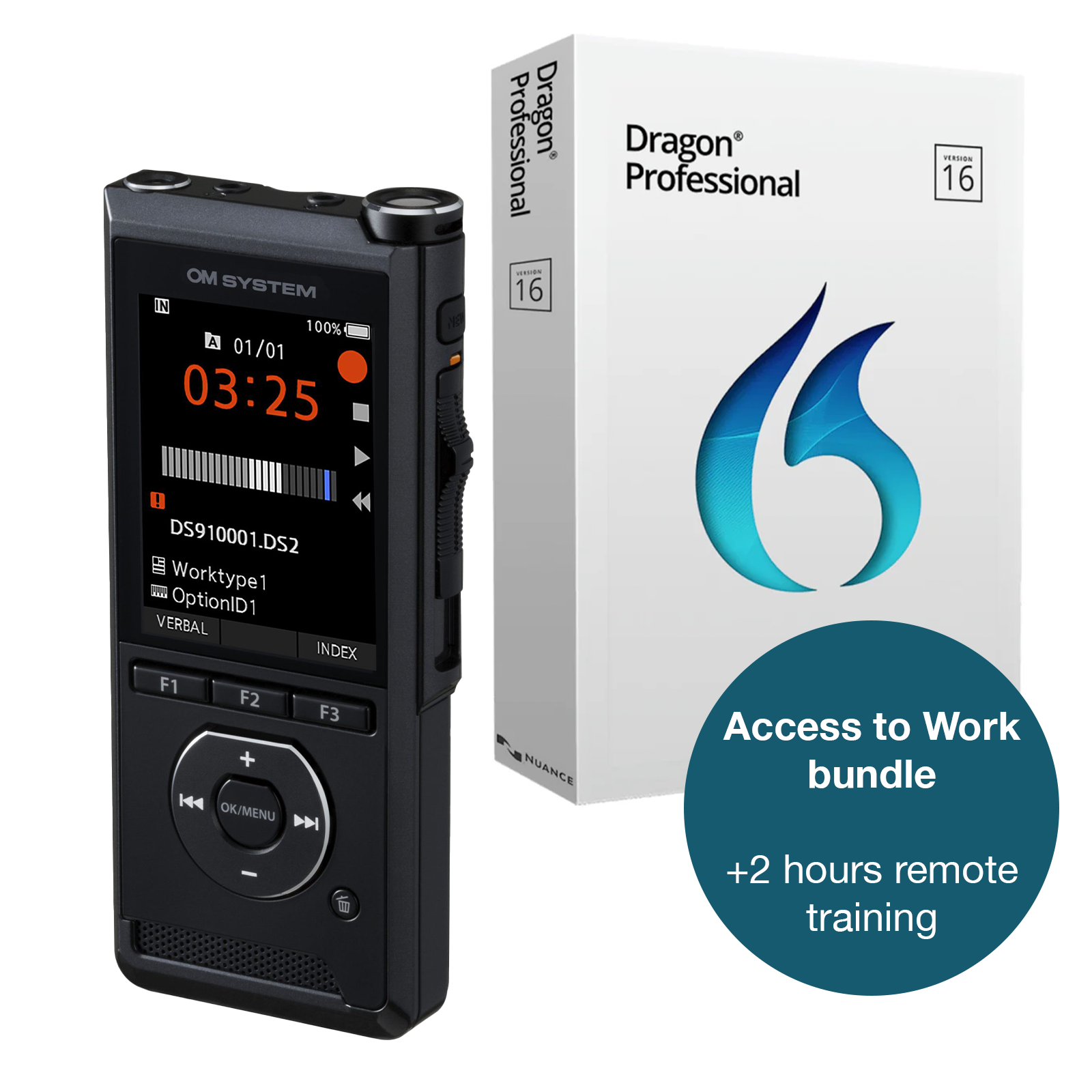 Access to Work: OM System DS-9100 Premium Kit, Dragon Professional V16 + 2 hours Remote Training