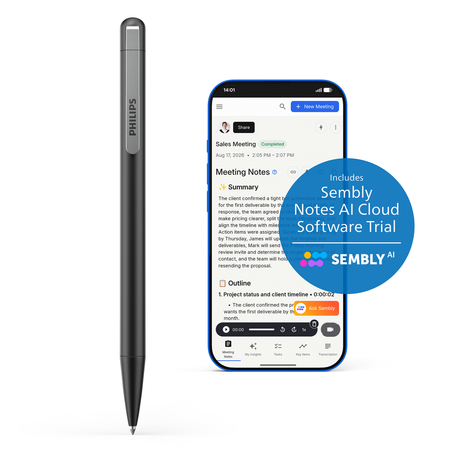 Philips DVT1610 Voice Tracer Audio Recorder Pen 32GB with Sembly's AI Speech-to-Text Cloud trial
