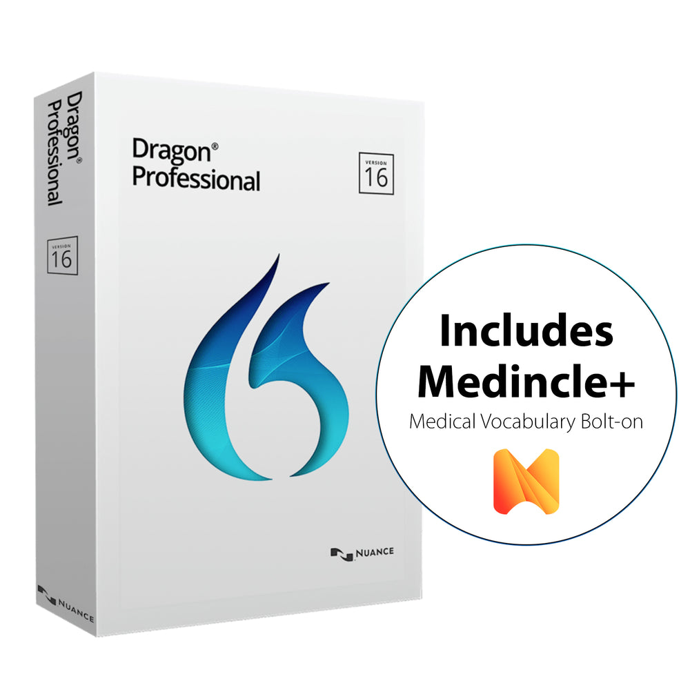 Nuance Dragon Professional V16 - Single User License (Instant Download) with Medincle+ Medical Vocabulary Bolt-on