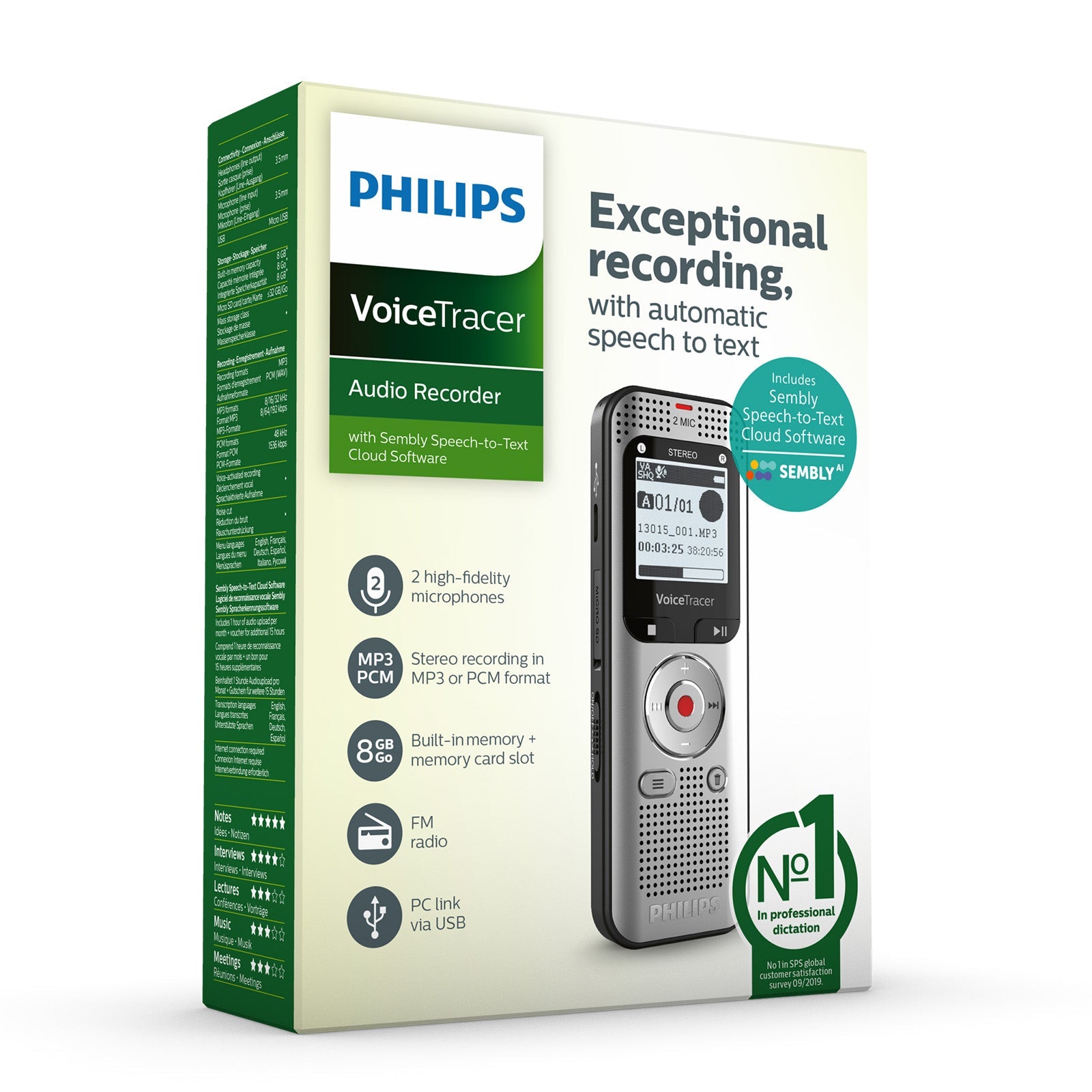 Philips DVT2015 Digital VoiceTracer with Sembly's AI Speech-to-Text Cloud Software (Damaged Box)