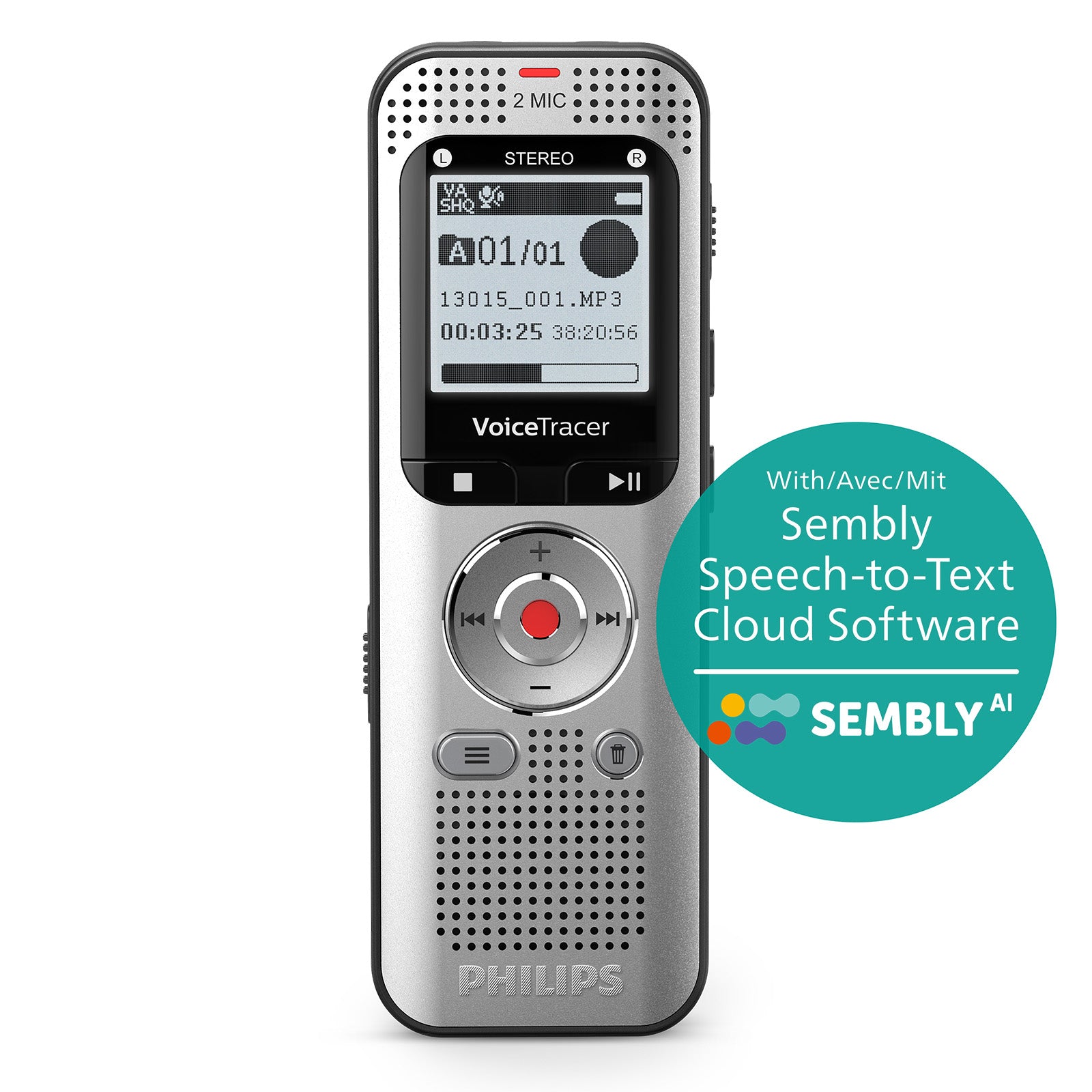 Philips DVT2015 Digital VoiceTracer with Sembly's AI Speech-to-Text Cloud Software