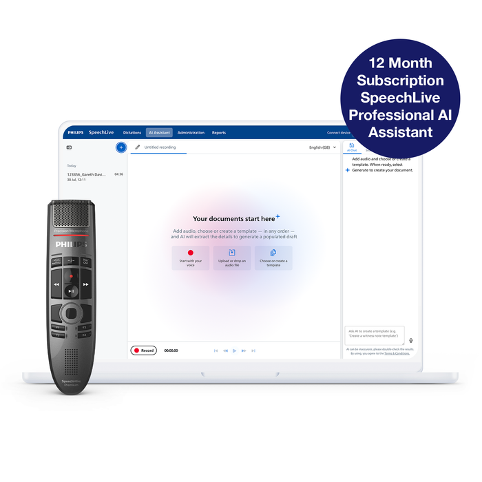 Philips SpeechMike Premium Touch SMP3700 + SpeechLive Professional AI Assistant Bundle
