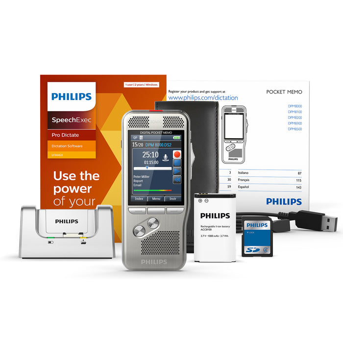 Philips DPM8200/02 Digital PocketMemo with SpeechExec Pro Dictate V11 2 Year License - Speak-IT Solutions LTD